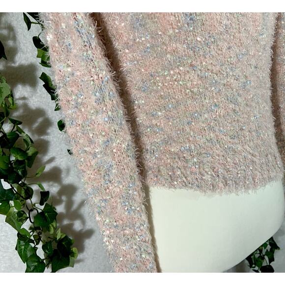 Decree Green Pink & Blue mixed fibers Cropped Shiny Coverup Sweater Sz XS - Picture 8 of 9